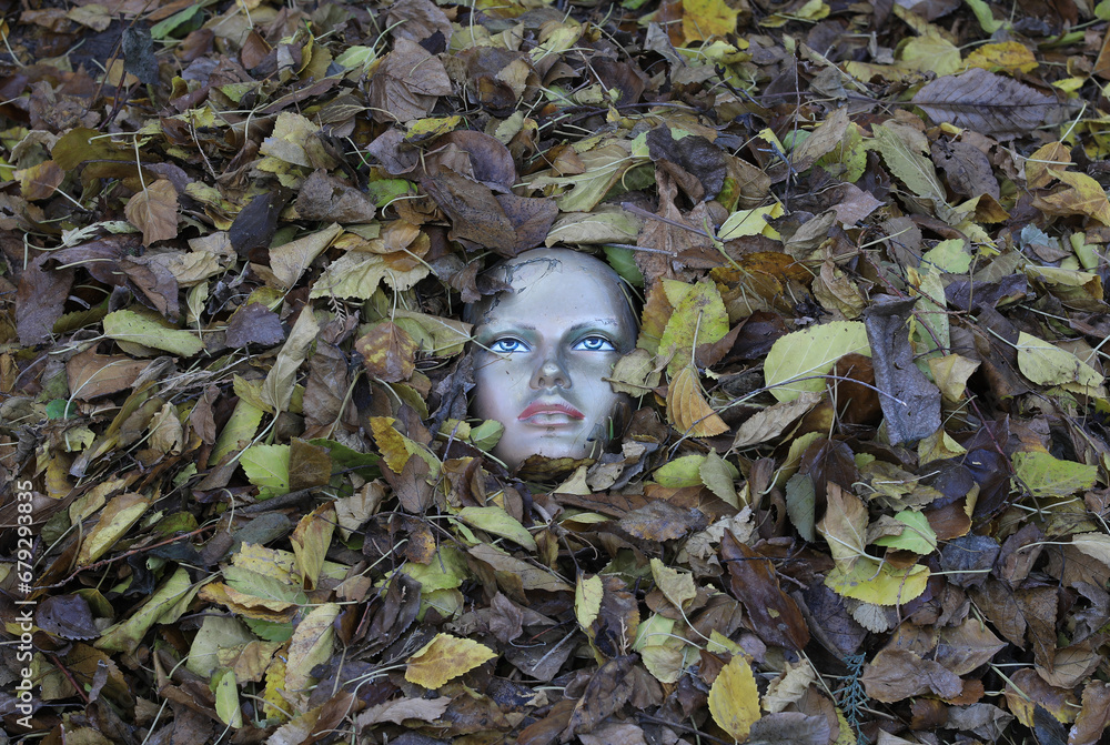 old mannequin in autumn leaves