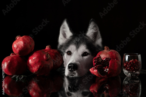 Husky and pomegranates