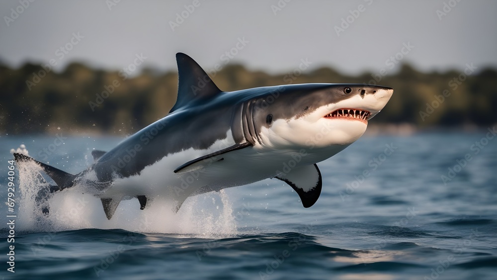 Naklejka premium great white shark jumping out of water to attack its prey.