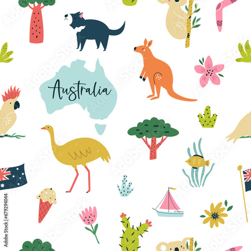 Colorful seamless pattern, digital paper with famous symbols, animals of Australia.
