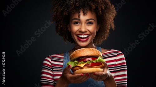 Joyful Woman with Delicious Burger  Vibrant Smile and Fresh Fast Food Delight