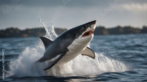 shark A great white shark jumping out of the water to attack its prey. 