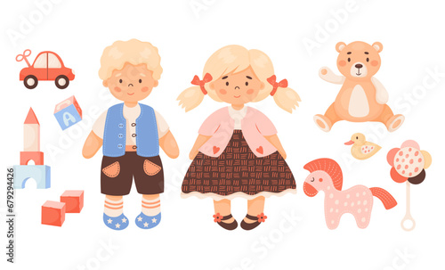 Children toys collection. Cute children girl with pigtails and blond boy, doll, plush toys, bear teddy, cubes, horse with duck and car. Vector illustration. Isolated kids items in cartoon style.