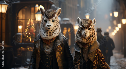 Close-up of a married couple of leopards in elegant outerwear standing against a blurred background of a winter atmospheric street. Other worlds, New Year's costume performance