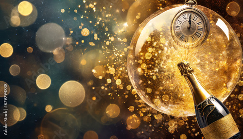Champagne bottle and clock on golden bokeh background. New Year celebration
