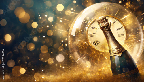 New Year's Eve. Champagne bottle and clock on golden background