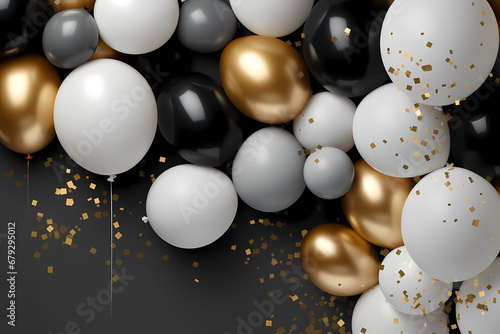 black white & gold balloons on a grey background, in the style of high detailed, white and brown