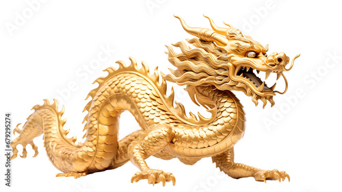 Golden dragon statue  Chinese lucky animal symbol  on PNG transparent background.