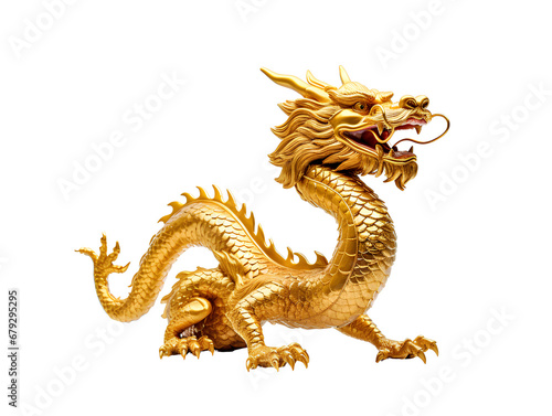 Golden dragon statue, Chinese lucky animal symbol, on PNG transparent background.