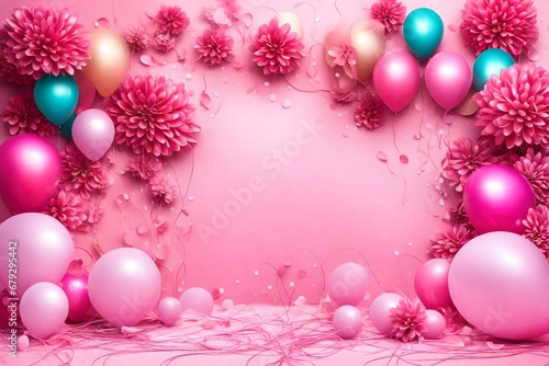balloons in pink background with yellow and blue balloons decoration at the border with text copy space in the middle with party bushes and five pound pink flavor cake on the table with pink roses 