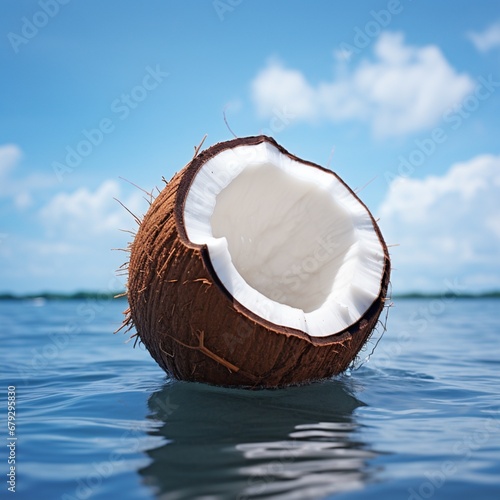 Fresh coconut water with blue sky white beach photography image AI generated art