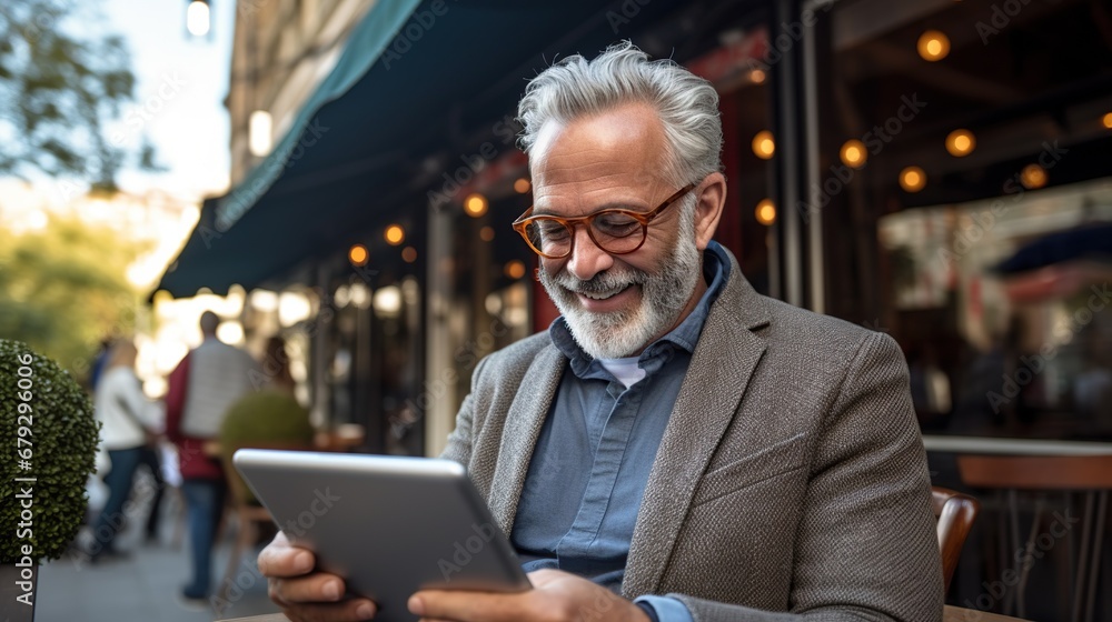 An elderly man Connecting with Friends, Video Call with Family, Online Entertainment using digital tablet with big smile, showing technology's inclusivity An elderly man Connecting with Friends, Video Call with Family, Online Entertainment using digital tablet with big smile, showing technology's inclusivity