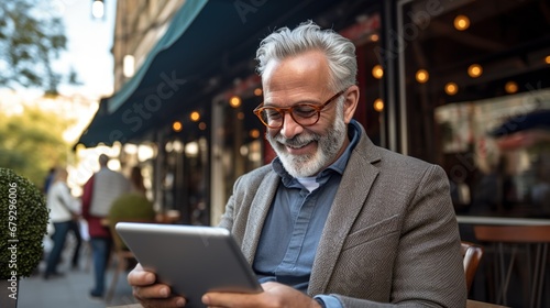 An elderly man Connecting with Friends, Video Call with Family, Online Entertainment using digital tablet with big smile, showing technology's inclusivity