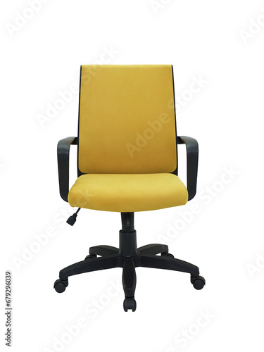 yellow office fabric armchair on wheels isolated on white background, front view
