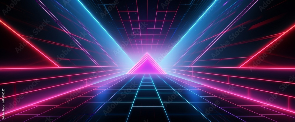 Abstract Sci-Fi retro style of the 80s. Laser neon bright background. Design for banners advertising technologies.