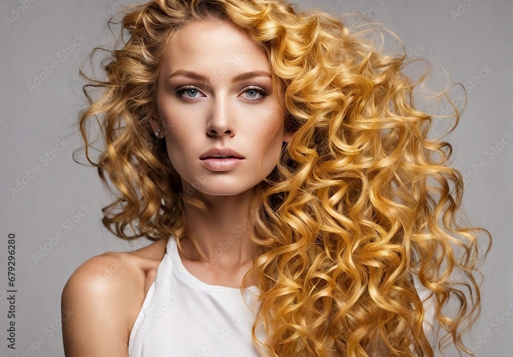 studio shot of portrait of a hot woman with golden blonde curly hair: Female model for skin care products, cosmetics, makeup or hair care products. studio shot of portrait of a hot woman with golden blonde curly hair: Female model for skin care products, cosmetics, makeup or hair care products.
