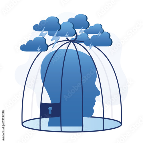Head imprisoned in cage. Human suffer from addictions, depression, rights restrictions, repression in the society. mental health disorders.