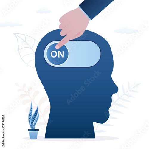 Genius hand turn on switch on his own brain. Turn on mind to think, creativity, thought or concentration, smart and creative thinking. Emotional intelligence, mindset,