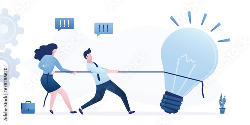 Business people and teamwork pull rope with big light bulb. Office people work on new project. Business idea, innovation, creation, inspiration, work hard, start-up and creativity.