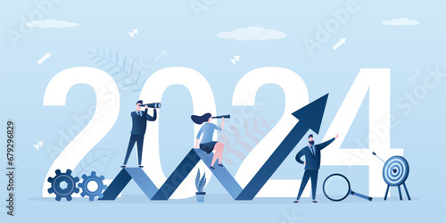 Business team seeking new opportunities. Leadership, global vision, business development. Happy new year 2024. Growth chart, future achievement. 2024 business goals concept