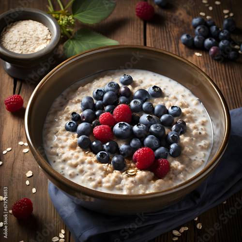 Oatmeal with berries in a bowl on a wooden table. AI Generative