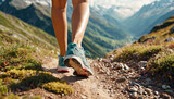 Woman hiker legs hiking on mountain trail. Hiking and healthy lifestyle concept