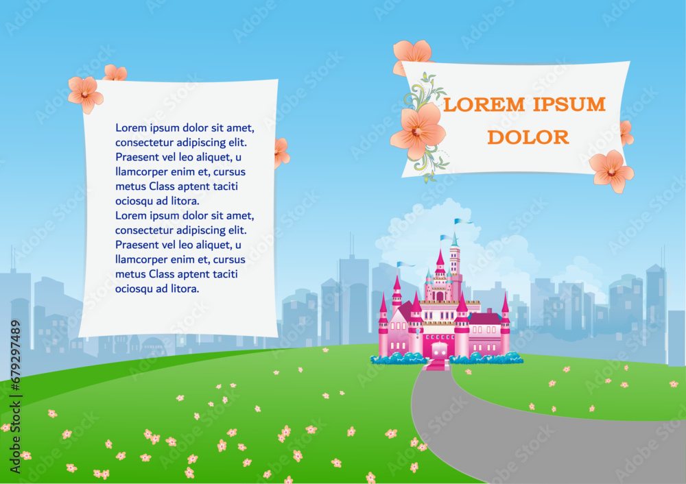 A cover template for story books or for Valentine's Day with an enchanted castle and the road leading to it. Vector illustration.