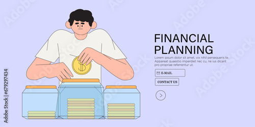 Man analyze and manage personal or family budget concept for banner, advertisement for web page or site. Finance accounting and calculation of financial income and expenses vector illustration.