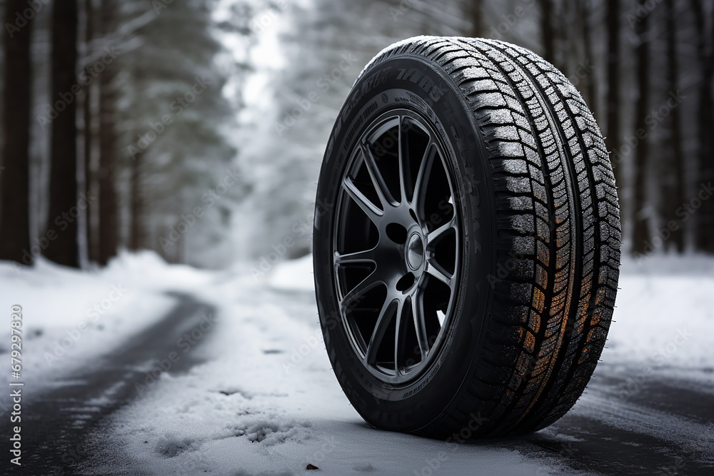 Wheels with winter tires in the snow on a background of a winter forest, concept. Winter tires, creative idea. Winter safety and transport. Emergency braking