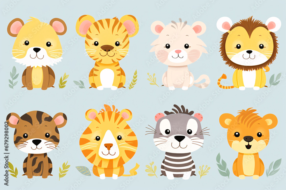 Adorable Baby Animal Set with Zebra, Giraffe, Hippo, Lion, Flamingo, Monkey, Elephant, Tiger
