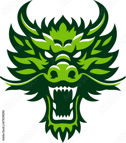 Green dragon head front view logo. Simple shaped dragon stamp. Dragon with opened mouth and fangs. Asian culture symbol of a new 2024 year. Fantasy magic reptile predator. Dragon head for your design.