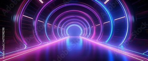 Circular neon lights and tunnels, 3d rendering. Computer digital drawing.