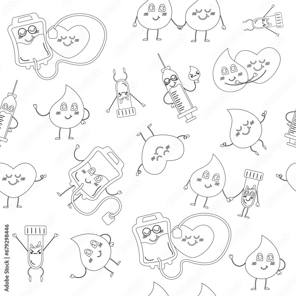 Blood donation pattern. Outline character drops of blood, heart, syringe, blood bag Blood donation pattern. Outline character drops of blood, heart, syringe, blood bag