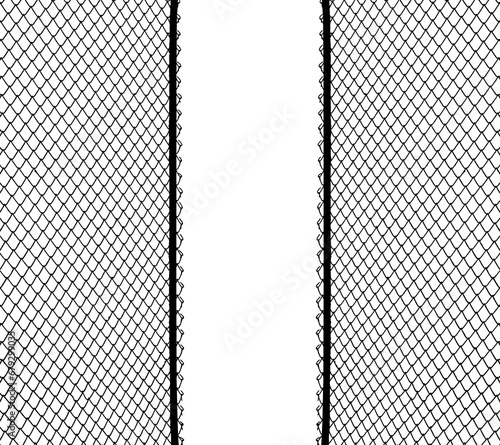 Opening in metallic net fence. isolated on white background. Challenge. uncertainty. breakthrough concept. freedom concept. Chainlink, wire netting, wire-mesh. illustration.