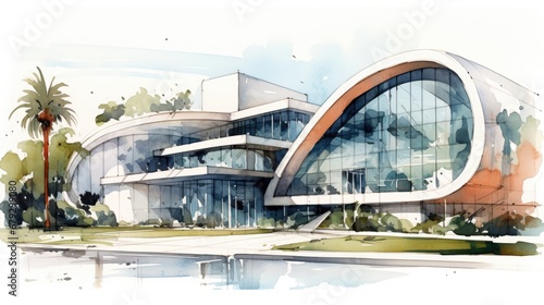 Modern Architectural Building with Palm Trees Watercolor Illustration
