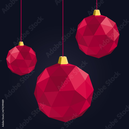 Low poly red christmas ball vector set illustration
