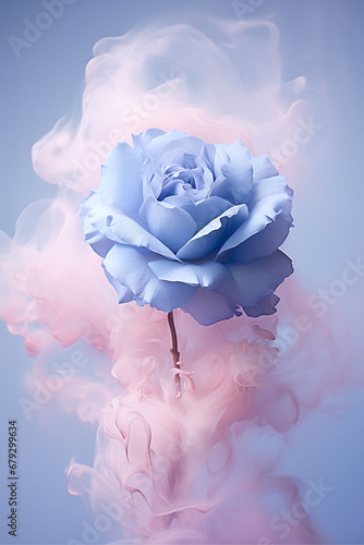 Blue rose blossom shrouded in pink smoke, abstract romantic spring seasong greeting card. photo