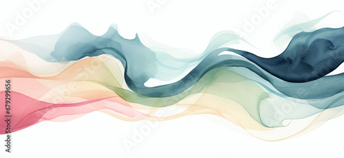 Overlapping rainbow coloured wavy watercolour brush strokes on white paper, abstract artistic background.