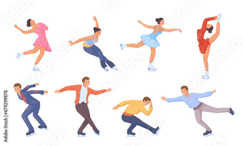Figure skating poses. Ice skate olympic sport, woman skater silhouette on winter rink, wellness artistic performer, athlete snow sport, cartoon isolated swanky png illustration