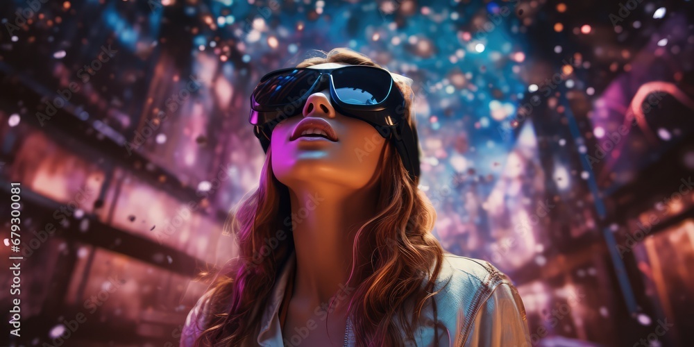 Amazed Woman Exploring Virtual Space In Vr Headset. Сoncept Virtual Reality Adventures, Immersive Vr Experiences, Astonishing Vr Technology, Exploring Virtual Worlds