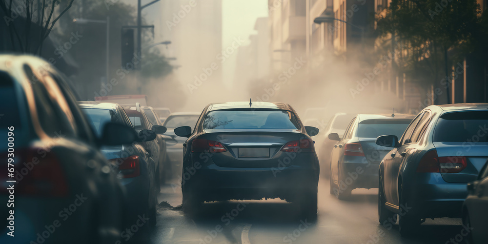 Car Stuck In Traffic Emits Visible Exhaust Fumes. Сoncept Air Pollution, Traffic Congestion, Vehicle Emissions, Environmental Impact - obrazy, fototapety, plakaty 