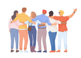Hugging backs. Group people hugs friends back view, embrace diverse students team, friendship unity teen school together, family relationship teamwork flat swanky png