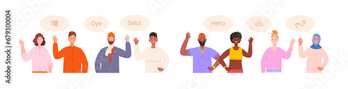 People sgreeting languages. Say hi hello greeting foreign student, different multilingual culture, translate international speech, bubble chat