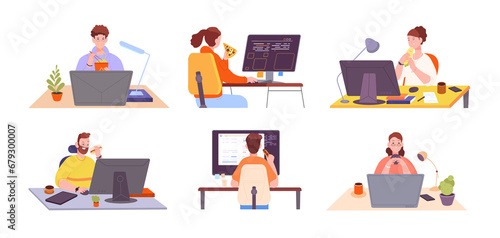 Eating at workplace. Woman eat appetited home food, business man at computer with snack, remote worker consumes burger, meal office desk, freelance work, splendid png