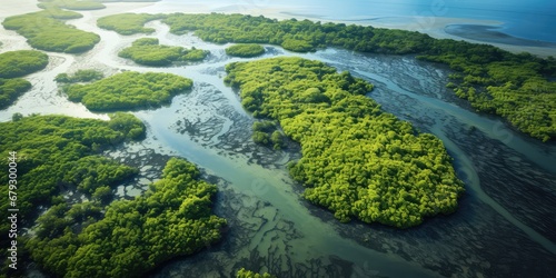 Aerial View Of Mangrove Forest Captures Carbon Sequestration. Сoncept Home Gardening Tips, Eco-Friendly Lifestyle, Sustainable Fashion Choices, Wildlife Conservation Efforts