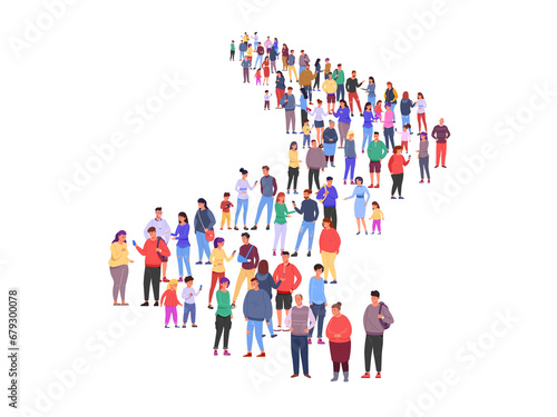 Long queue of crowd. People line marketing traffic, path together person row society standing group waiting of job, work human follow in business office, garish png illustration