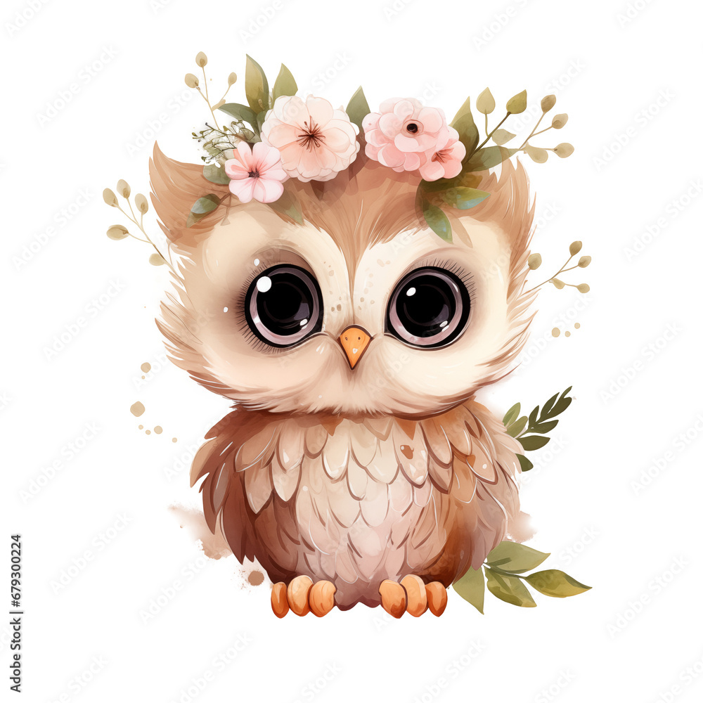 Watercolor cute kawaii a beige owl in boho style, png with transparent ...