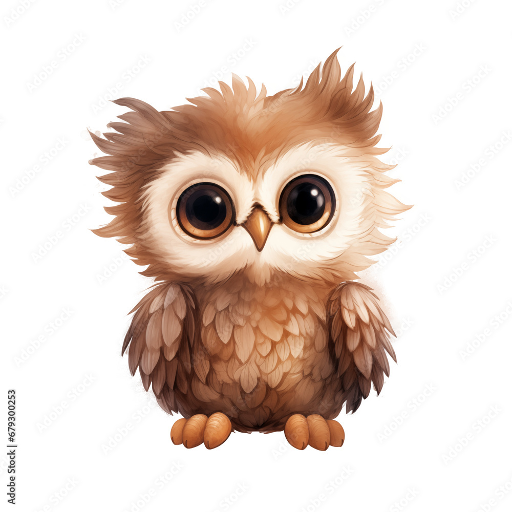 Fototapeta premium Watercolor cute kawaii a beige owl in boho style, png with transparent background