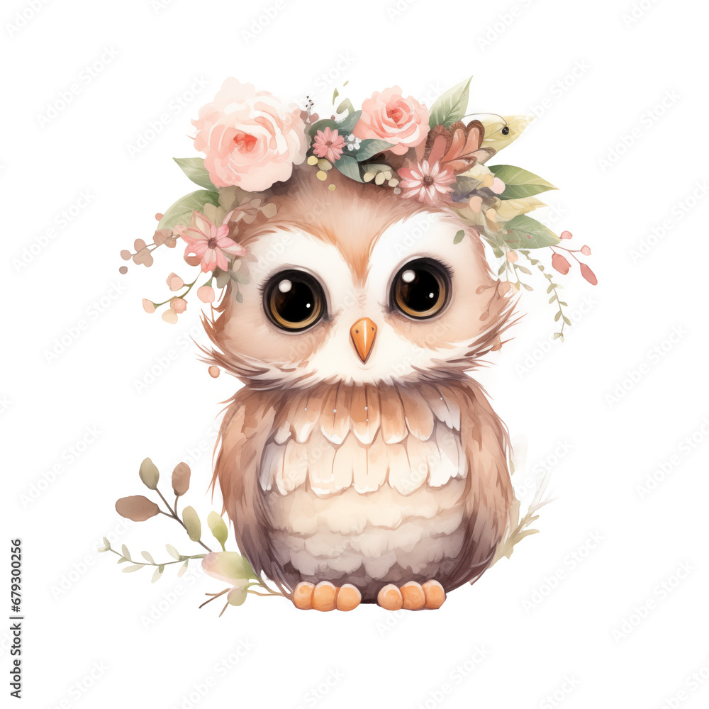 Obraz premium Watercolor cute kawaii a beige owl in boho style, png with transparent background