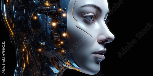 Female Robot Face Representing. Сoncept Artificial Intelligence Ethics, Gender Stereotypes, Human-Robot Interaction, Technological Advancements, Futuristic Society